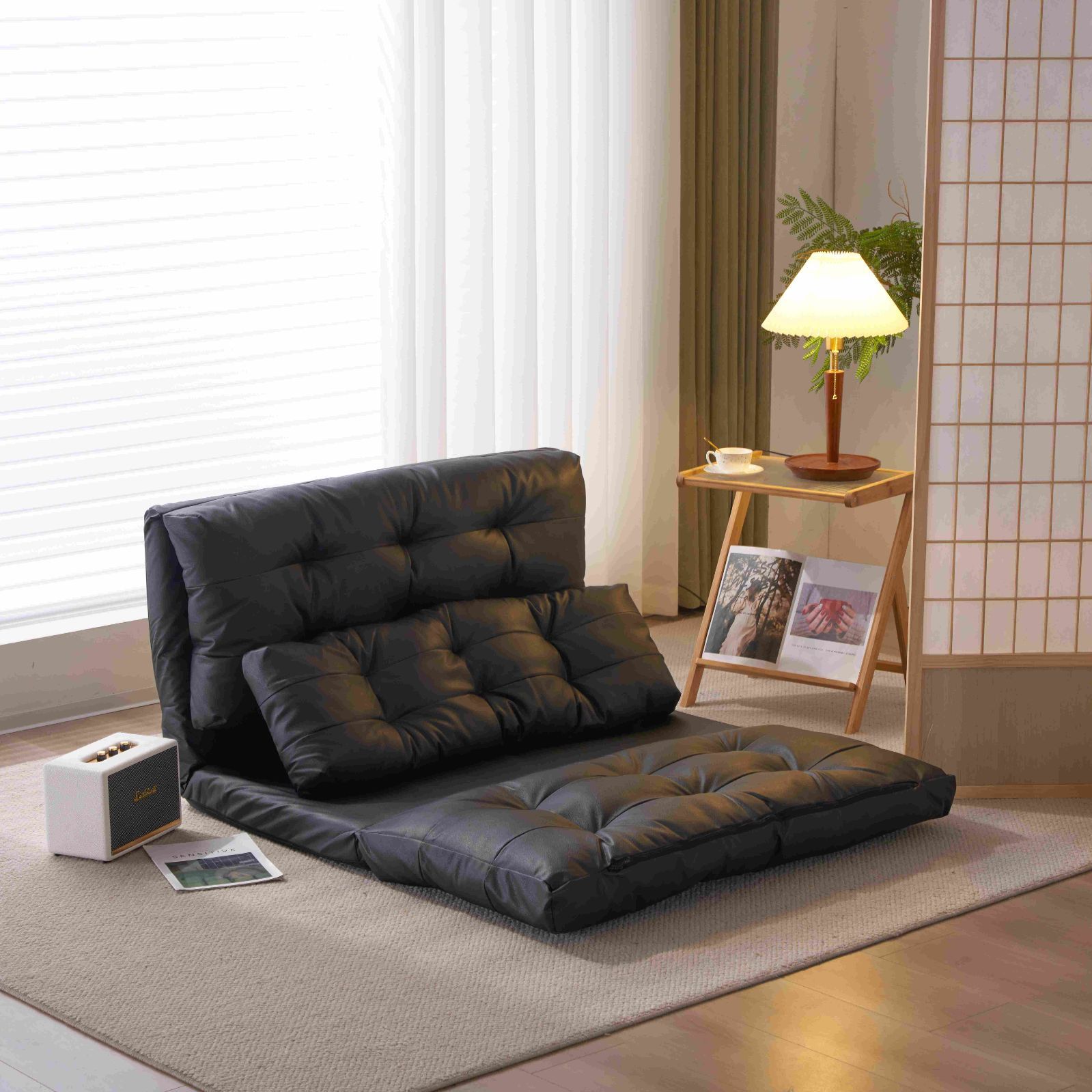 ソファベッド ローソファー 座椅子 カウチ 2人掛け 1人用 幅108×奥行63-228×高さ9-62cm 6段階リクライニング クッション付き 耐荷重150kg 折りたたみ ポリエステル 合成皮革 スチールパイプ ウレタンフォーム 16,775円