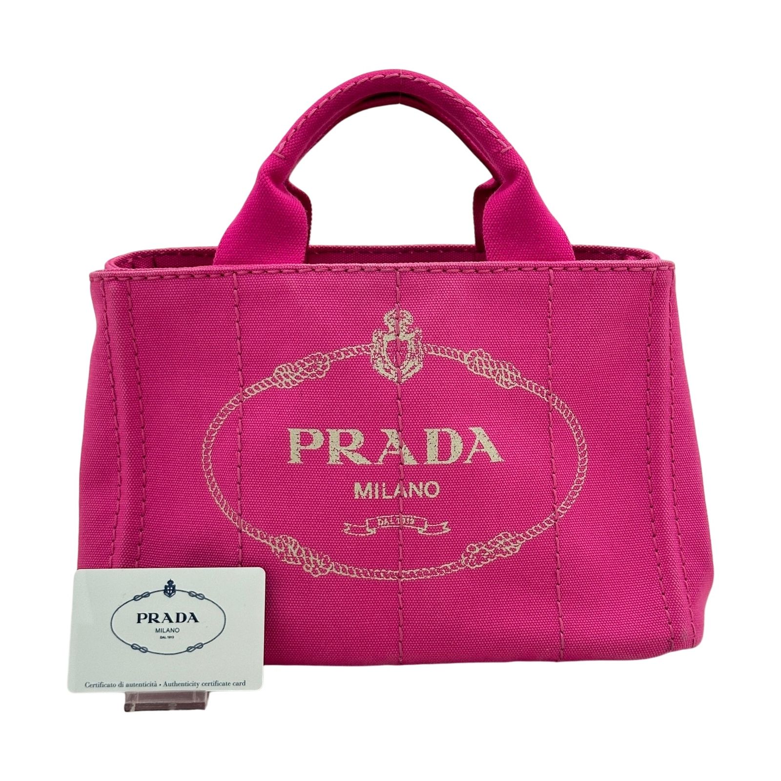 【中古】プラダ カナパミニ トートバッグ PRADA プリントロゴ キャンバス フューシャピンク Bランク pr8737ff
