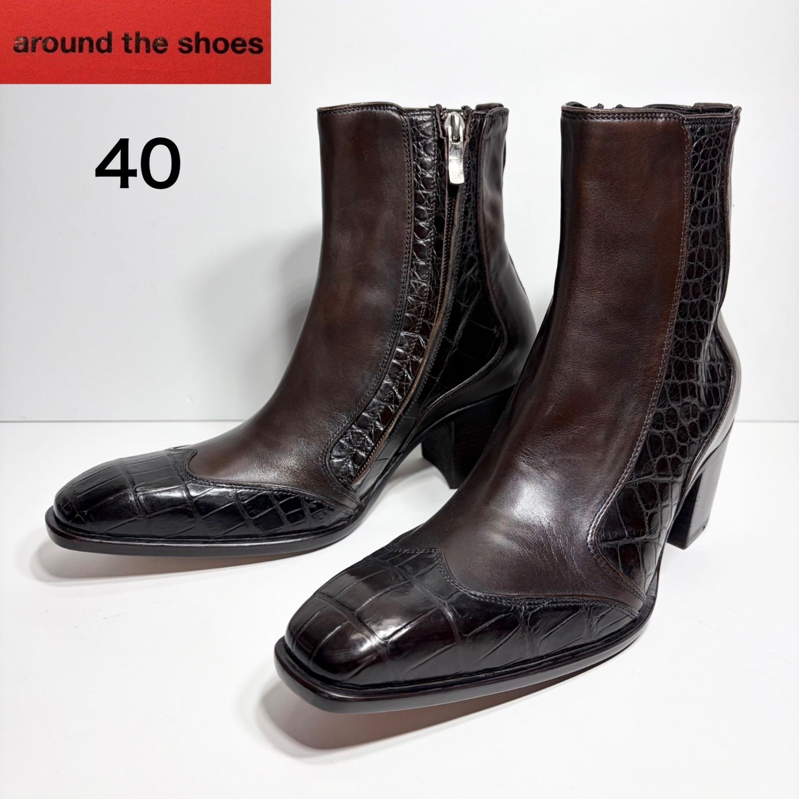 around the shoes イタリア製 本革ブーツ【未使用】クロコ型押し 切替 スクエアトゥ EU40 ダークブラウン
