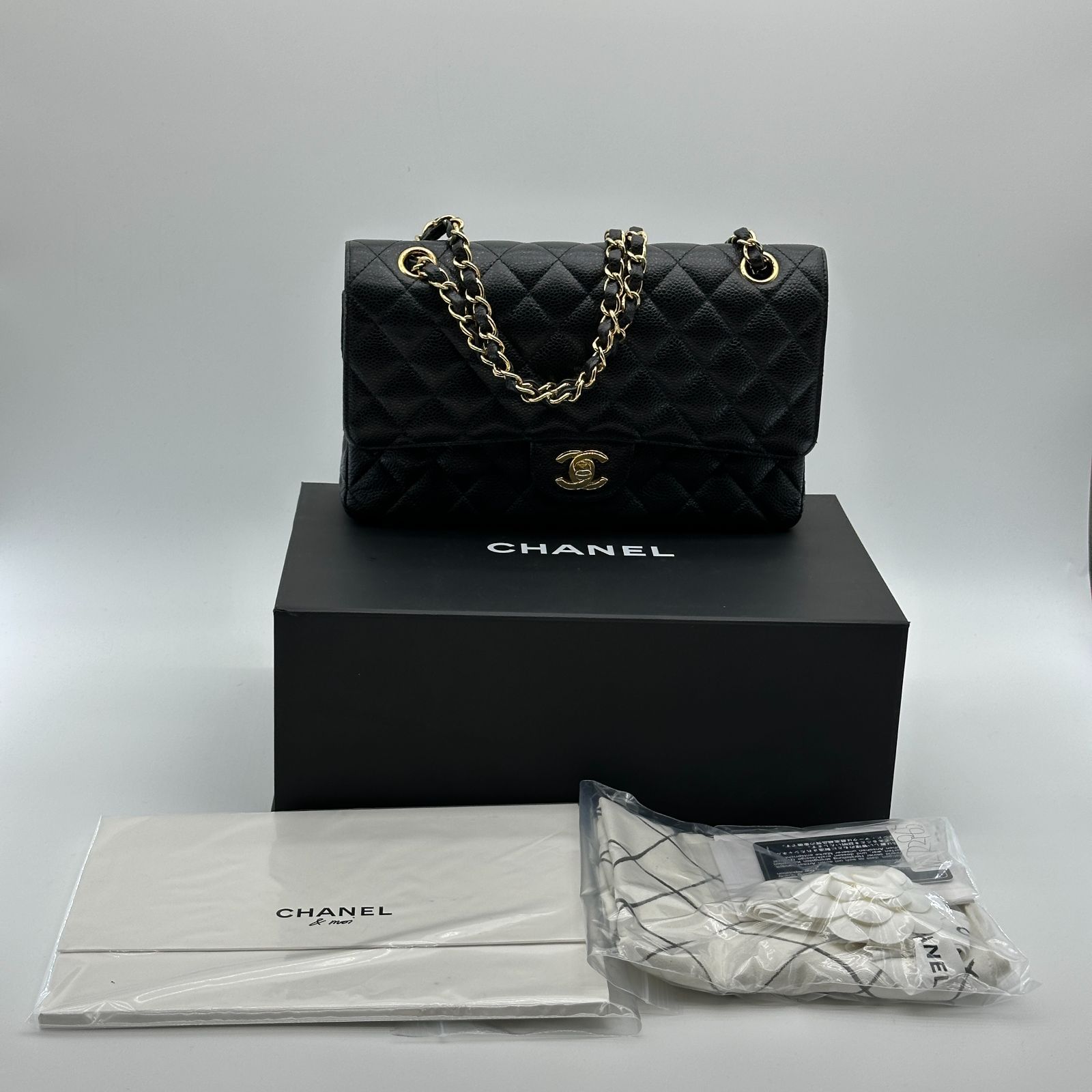CHANEL シャネル マトラッセ25 A01112 ダブルフラップ キャビアスキン ブラック ゴールド金具 26番台 箱・保カード付 ABランク