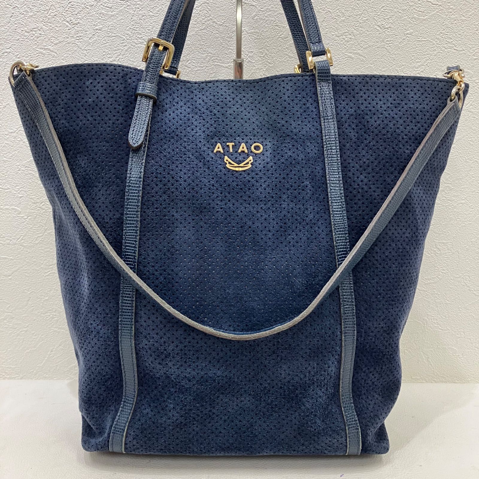 7516　ATAO　アタオ　トリス　2way　トートバッグ　ハンドバッグ　ネイビー　レザー　パンチングレザー　スエード　レディース 6,160円