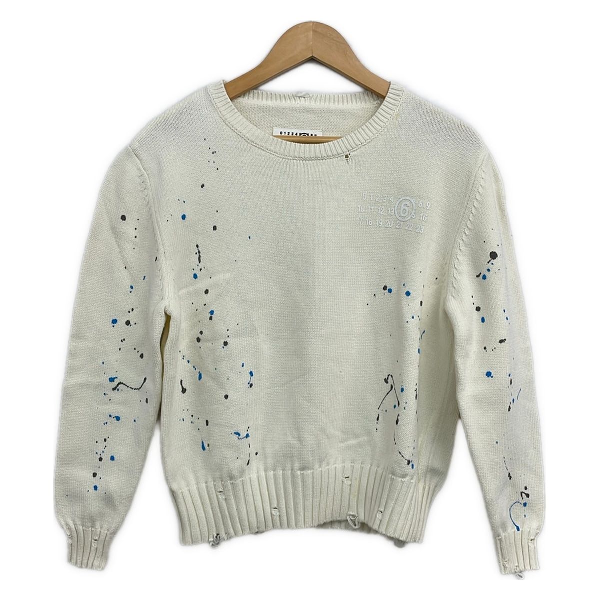 MM6(エムエムシックス) 長袖セーター サイズ16 XL レディース美品 M61026 アイボリー×ブルー×ダークグレー ダメージ加工/ペイント加工