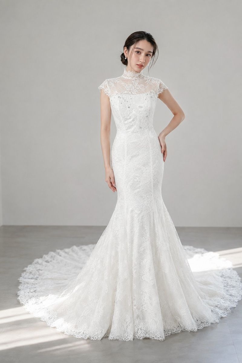 リソルロイヤル Resoll Royal CHERIE マーメイドライン ウェディングドレス オフホワイト 白 WATABEWEDDING　ワタベウェディング　ゼロオーナー　レース　スタンドカラー 46,200円
