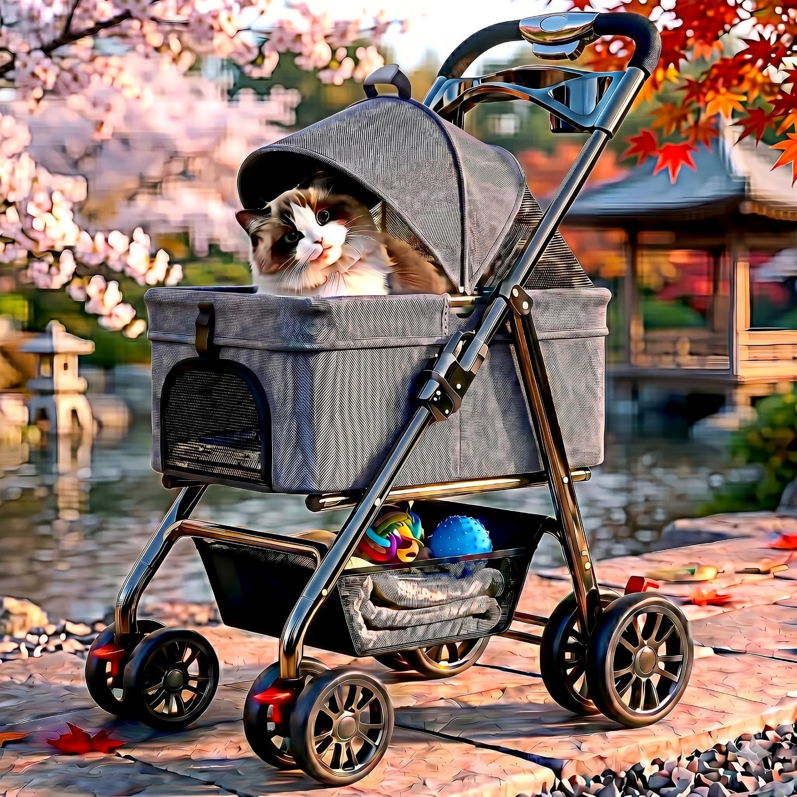 小型犬・中型犬・猫対応 多頭飼い対応 分離型 ワンタッチ折りたたみ ペットカート 軽量コンパクト 4輪 前輪360°回転 後輪ブレーキ付き 通気メッシュ 収納かご付き 耐荷重25kg (グレー)