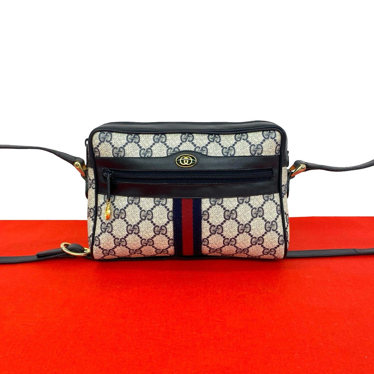 極 美品 GUCCI グッチ オールドグッチ シェリーライン GG ロゴ 柄 金具 レザー 本革 ミニ ショルダーバッグ ポシェット ネイビー 429-8