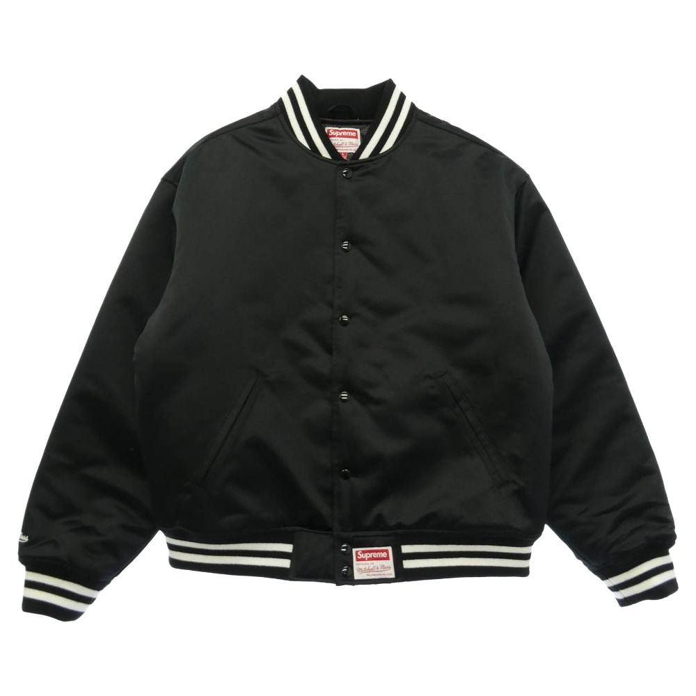 Supreme シュプリーム × Mitchell & Ness ミッチェルアンドネス 24AW Satin Varsity Jacket サテン バーシティー ジャケット スタジャン ブラック系 L【極上美品】【中古】