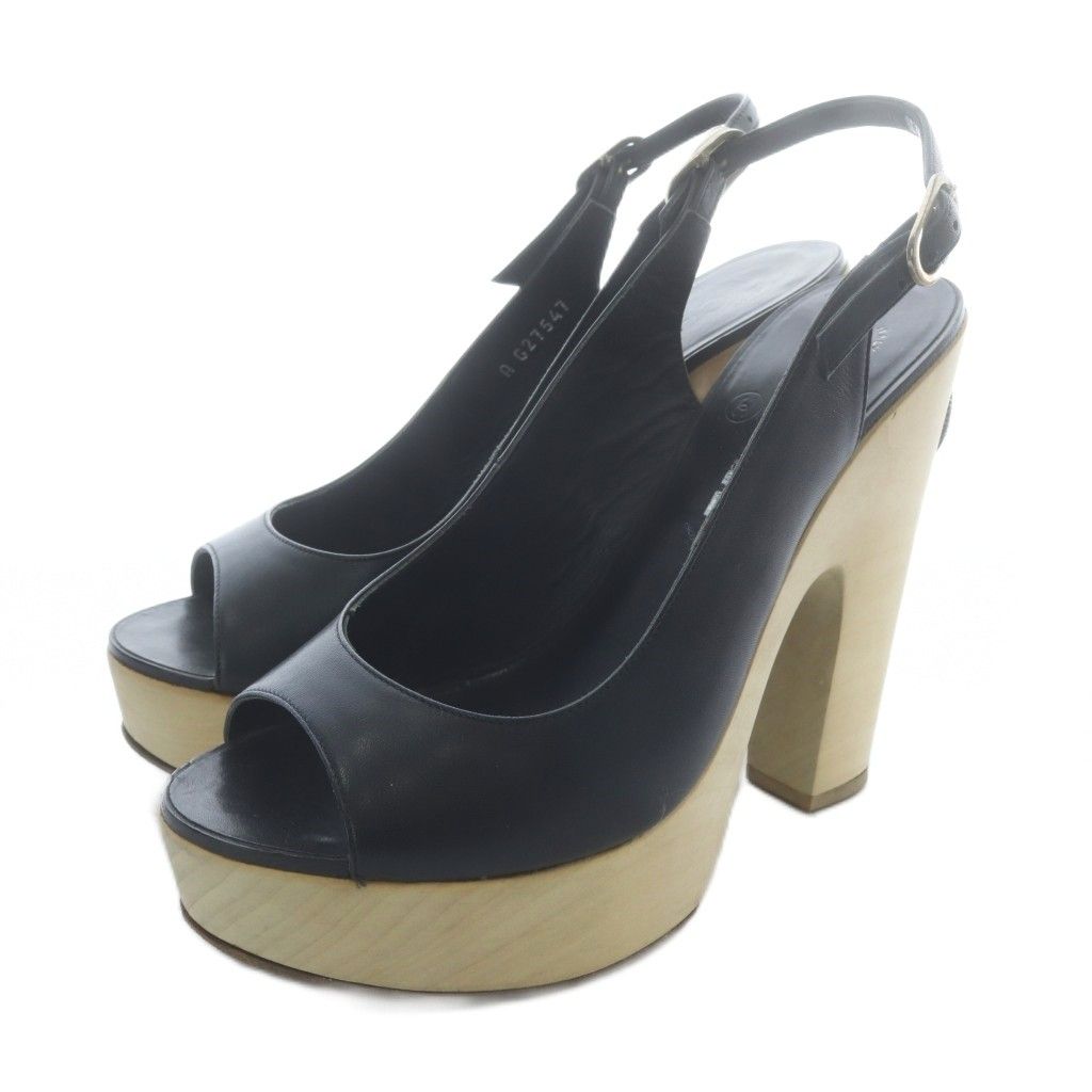 シャネル CHANEL サンダル ストラップ レザー ハイヒール 37 黒 ベージュ