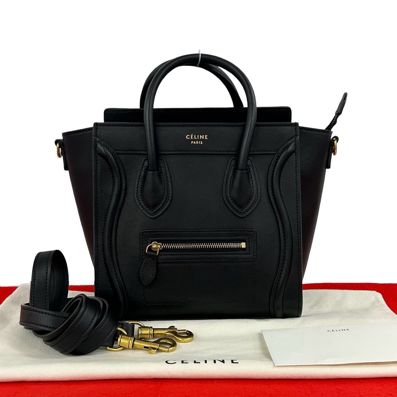 極 美品 保存袋付き CELINE セリーヌ ラゲージ ナノ ショッパー レザー 本革 2way ショルダーバッグ ハンドバッグ ブラック 40413