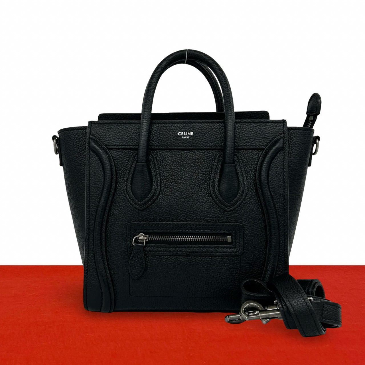 極 美品 CELINE セリーヌ ラゲージ ナノ ショッパー レザー 本革 2way ショルダーバッグ ハンドバッグ ミニ トートバッグ ブラック 26690