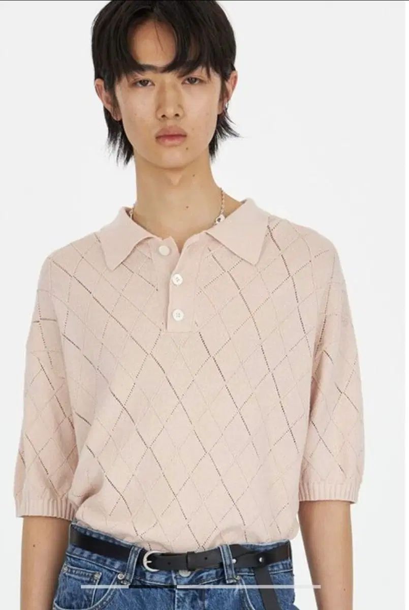 新品/M YOUTH ユース Argyle Knit Collar Half T