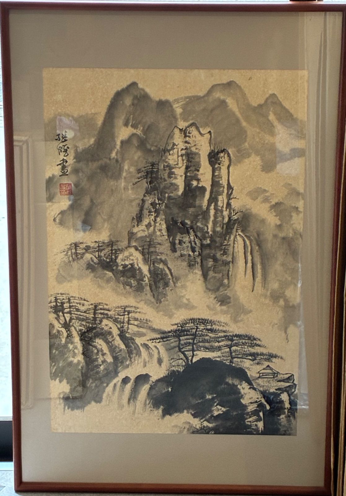 中国美術 水墨山水画 額装品 落款あり 滝と松 風景画 古美術