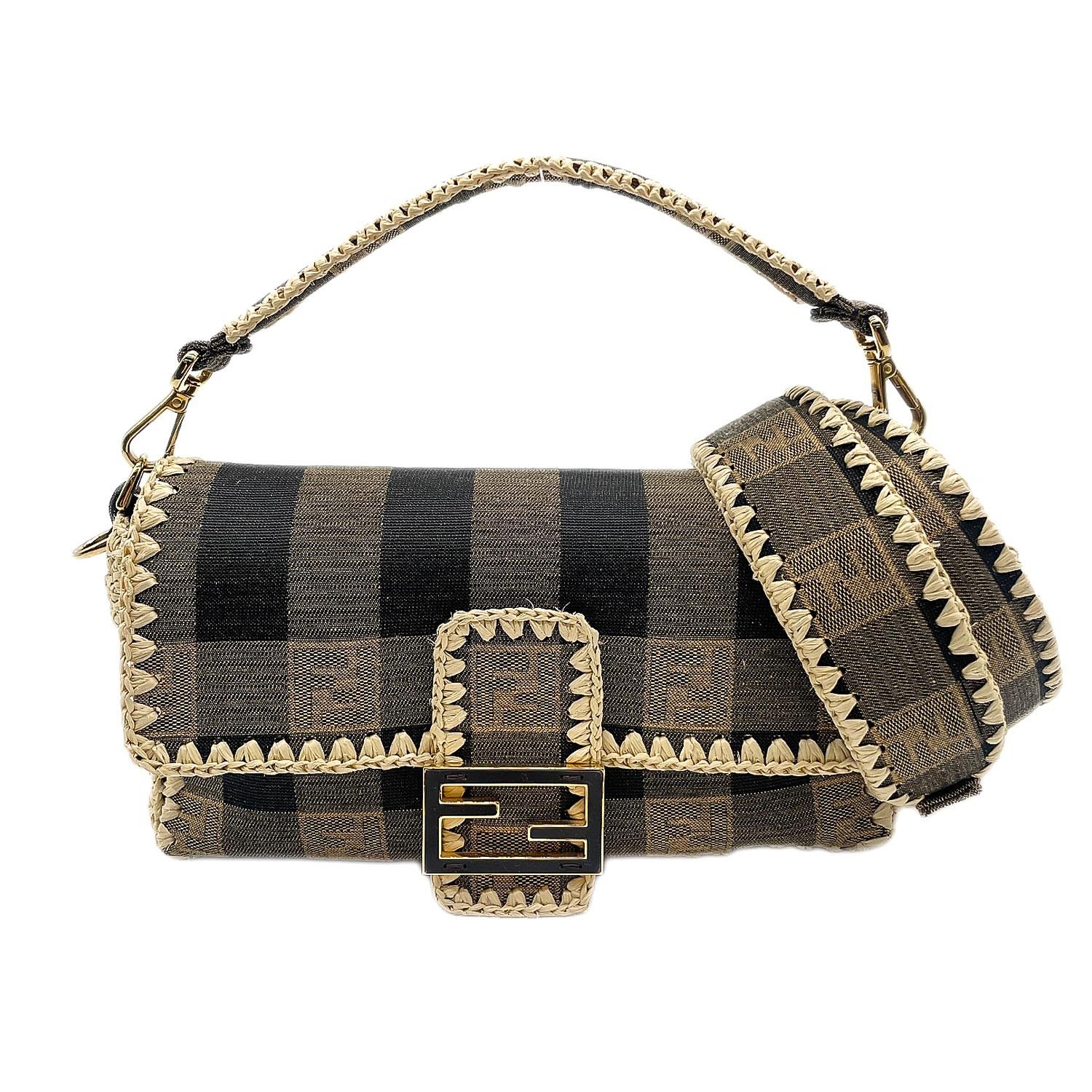 FENDI フェンディ マンマバゲット ペカン柄 ジャガード ハンドバッグ 2WAY ハンドバッグ ラフィア メタル ブラウン レディース 【中古】 112,750円