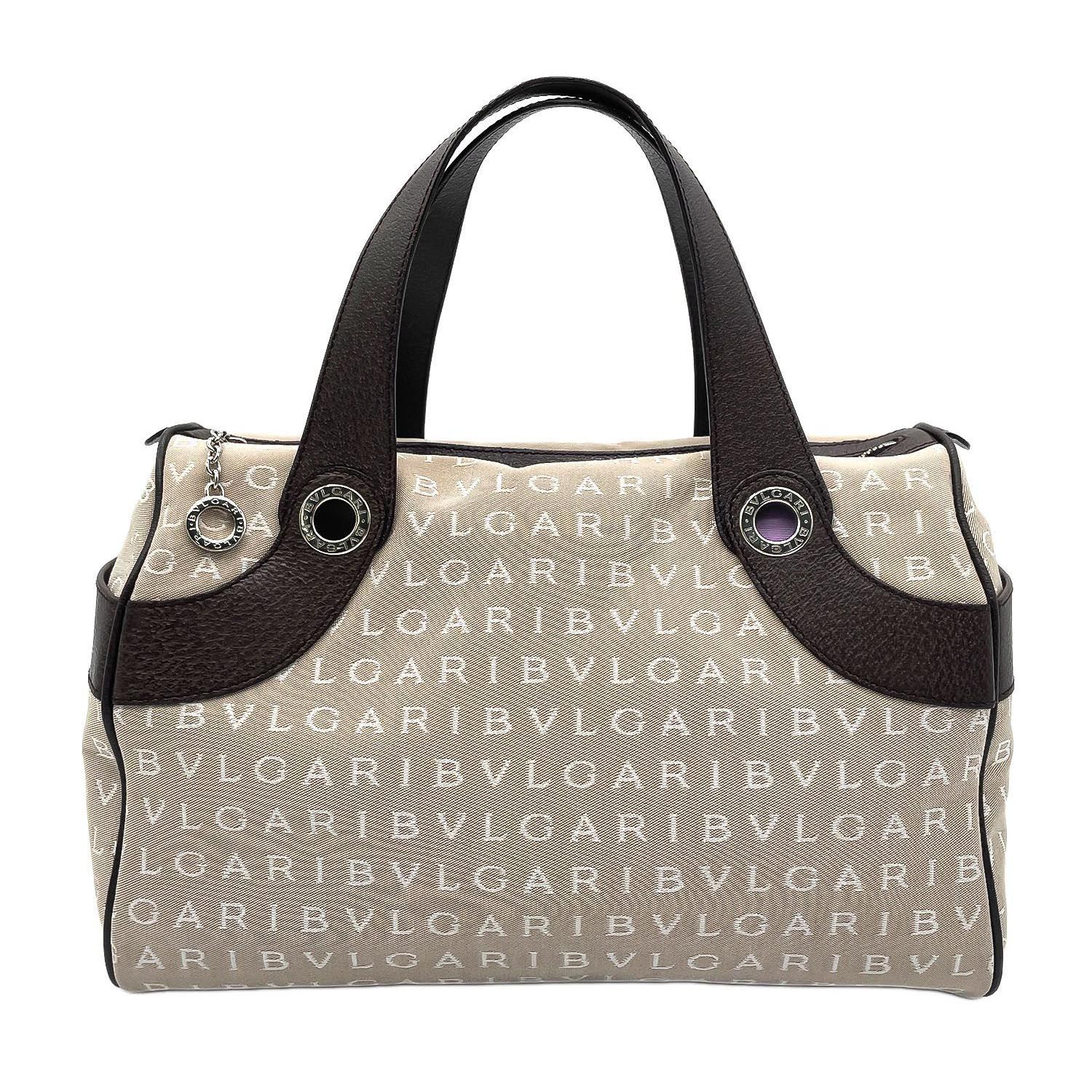 BVLGARI ブルガリ ロゴマニア ハンドバッグ ミニボストン ロゴ 総柄 キャンバス レザー ベージュ レディース 【中古】