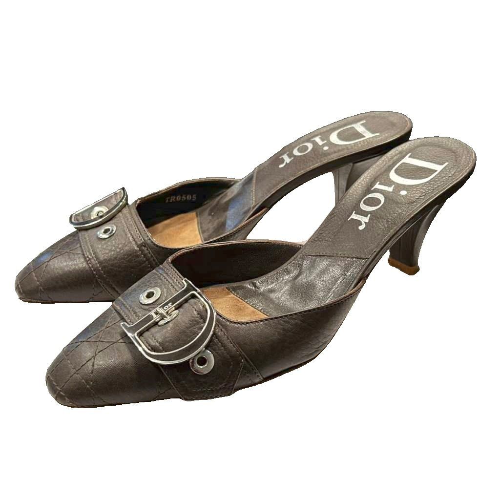 ディオール Dior ミュール パンプス レザー バックルベルトデザイン ロゴ 金具 36.5 茶 ブラウン ■BM