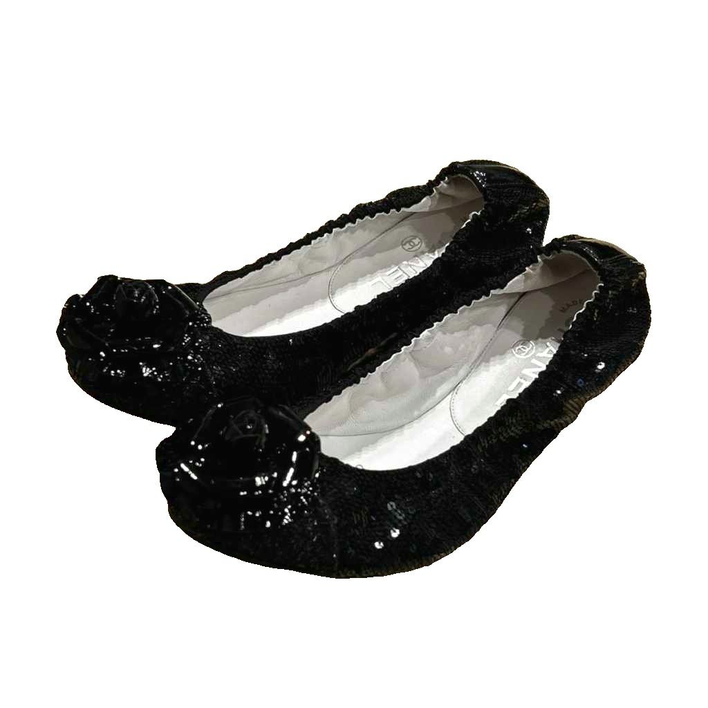 シャネル CHANEL カメリア フラットシューズ パンプス スパンコール 37.5 黒 ブラック