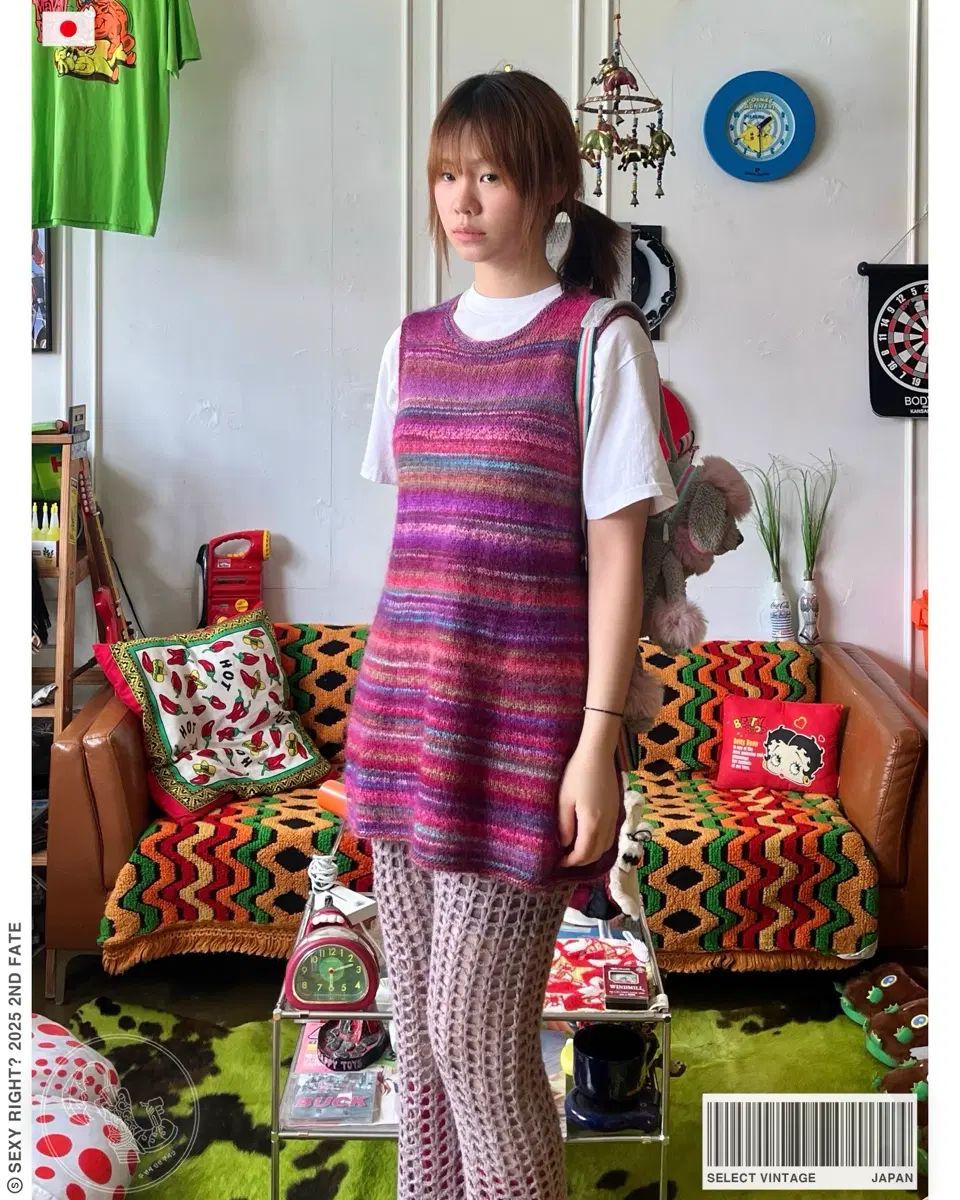JPN 日本 ヴィンテージ ピンク ストライプ アンゴラ ヘアリー ハンドメイド ニット ベスト ベスト / レイヤード 森ガール モヘア ギャル ONE PIECE