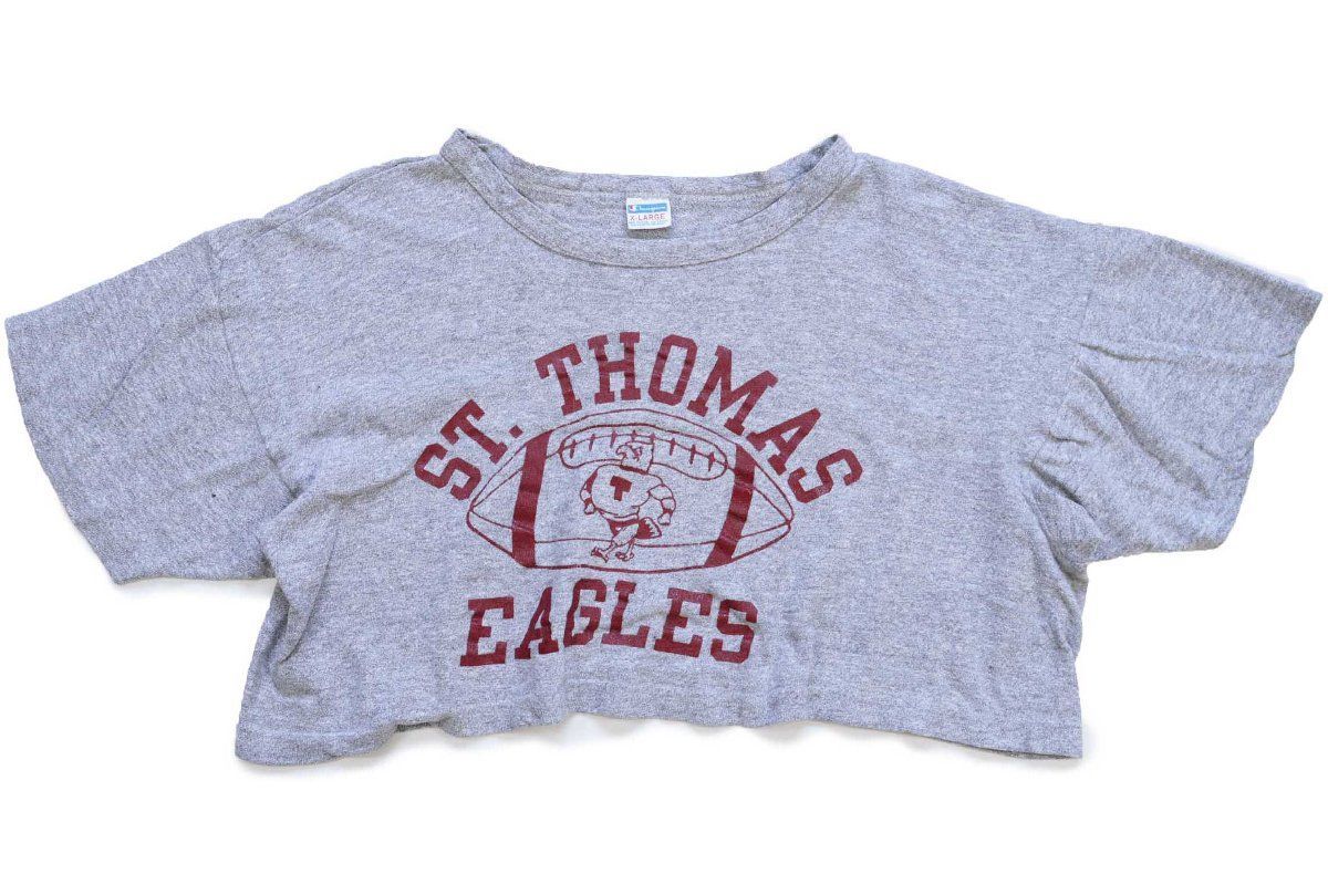 70s USA製 Championチャンピオン ST. THOMAS EAGLES アメフト マスコット 88/12 Tシャツ ショート丈 杢グレー XL★ビンテージ バータグ
