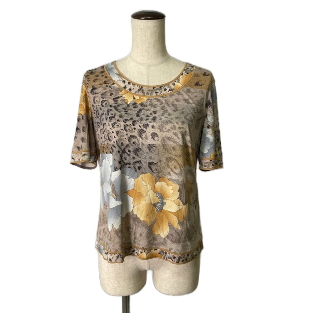 レオナール LEONARD 総柄 花柄 カットソー Tシャツ カンカン素材 半袖 40 ブラウン JAA 8,393円