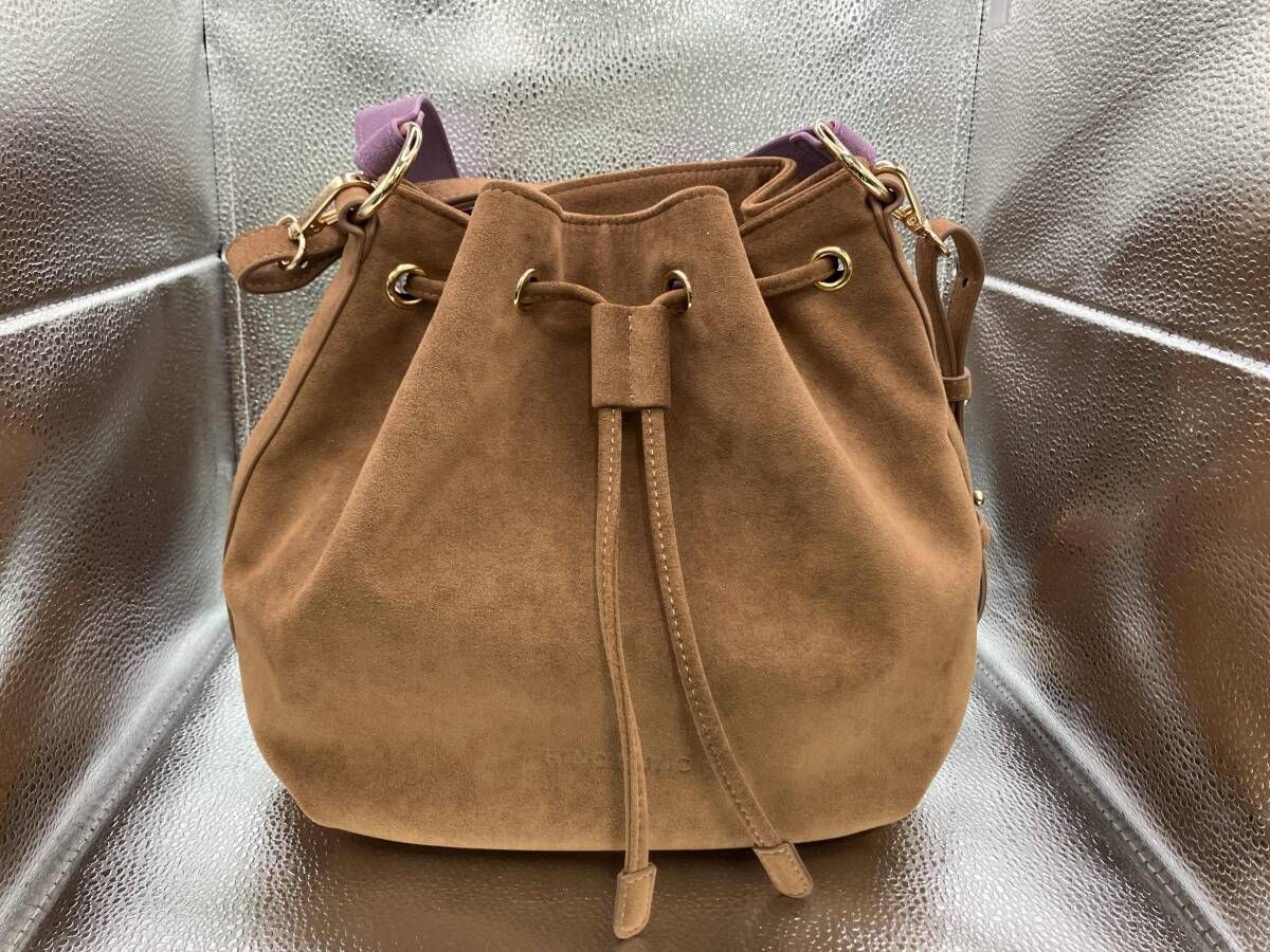 hinc nunc/ハンドバッグ/巾着型2way スエードブラウン 縦25.5cm 横24.5cm マチ13.5cm