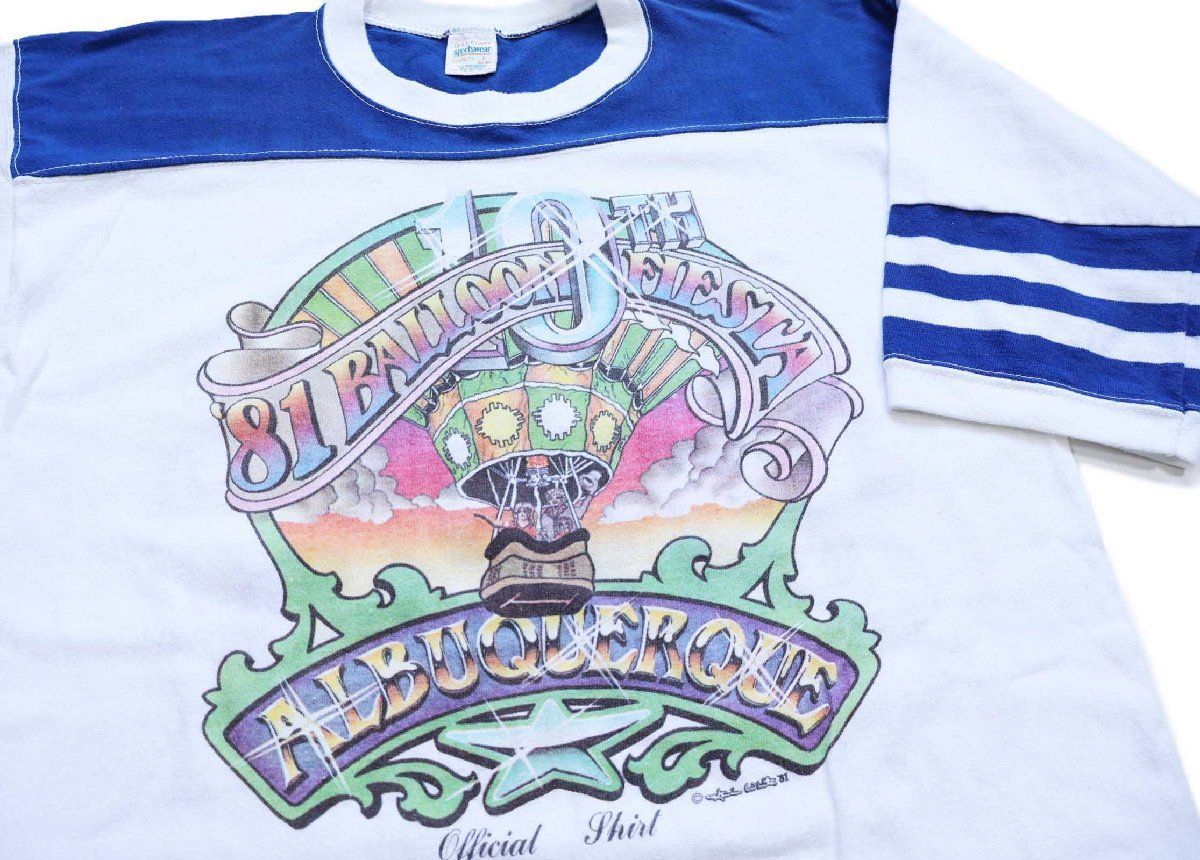 80s USA製 10TH ALBUQUERQUE BALLOON FIESTA 1981 両面プリント ツートン アスレチックTシャツ 白×青 L★ビンテージ バルーン 気球