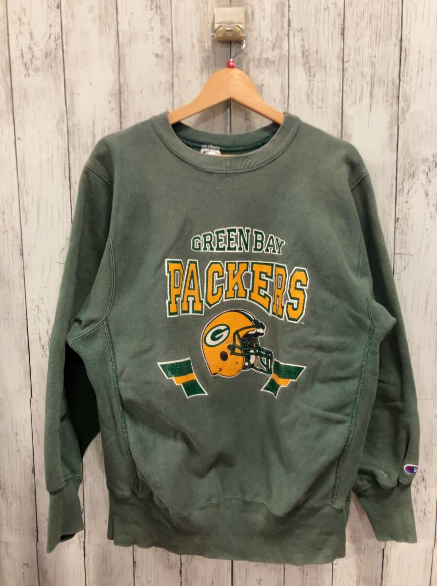 champion チャンピオン グリーン リバースウィーブ reverse weave Lサイズ アメフトチーム プリント割れ フェード 90s アメカジ アメリカ製