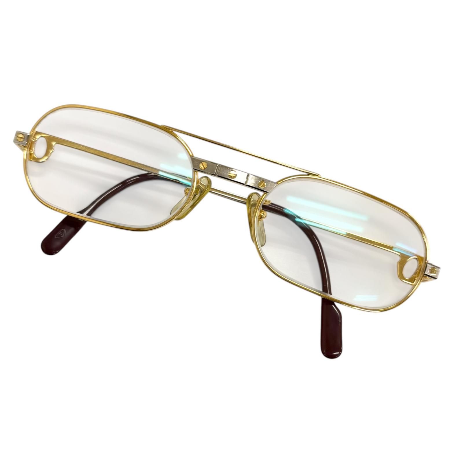 良品□Cartier カルティエ サントス ドゥ カルティエ ツーブリッジ メガネ 眼鏡 アイウェア ゴールド ボルドー 55□20-140 度入り メンズ