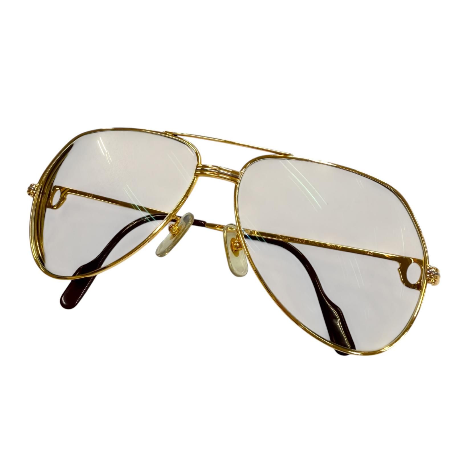 美品▼Cartier カルティエ ヴィンテージ ツーブリッジ ティアドロップ ロゴ金具付き アイウェア サングラス ゴールド 62□14 140 度入り 39,000円