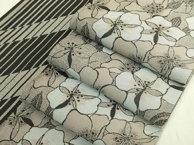 平和屋着物●極上　京都の名門ブランド　銀花仙　両面　半幅帯　花尽し　斜線文　逸品　DZAB8588kh6