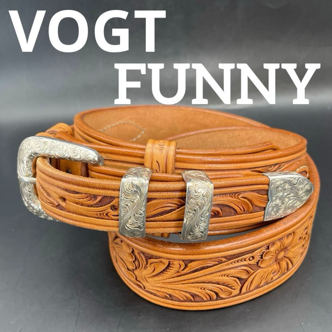 VOGTバックル ＆ FUNNYカービングベルト VOGT Silversmith ボグト・シルバースミス STERLING スターリングシルバー 純銀 FUNNY ファニー 36インチ/90cm（中央の穴） 本革レザー ウエスタンベルト ヴィンテージ