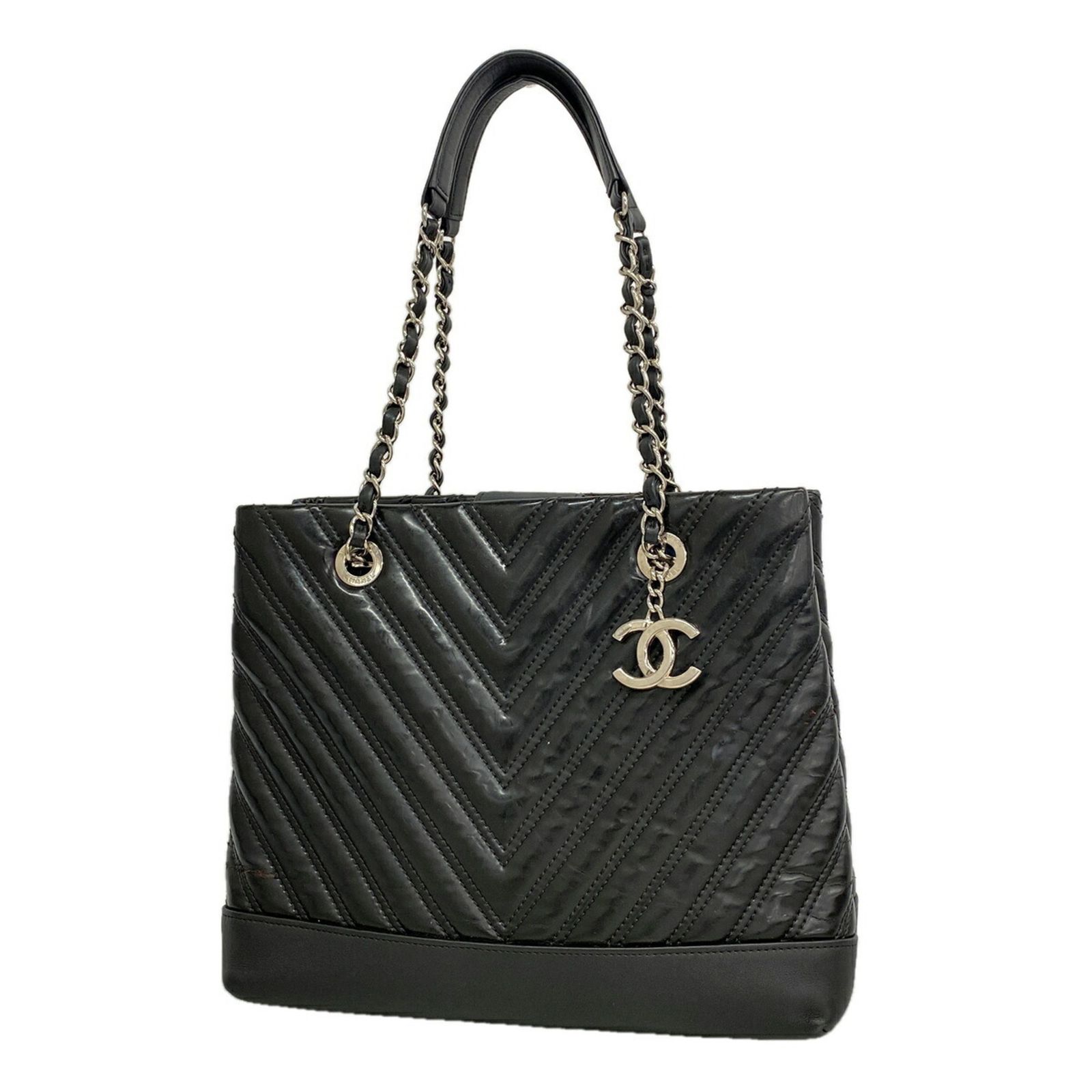 シャネル(Chanel) シャネル トートバッグ・チェーントート Vステッチ パテントレザー ブラック レディース