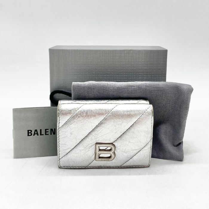 【中古】良品 BALENCIAGA バレンシアガ ロゴ クラッシュ レザー 三つ折り 財布 fY07164A