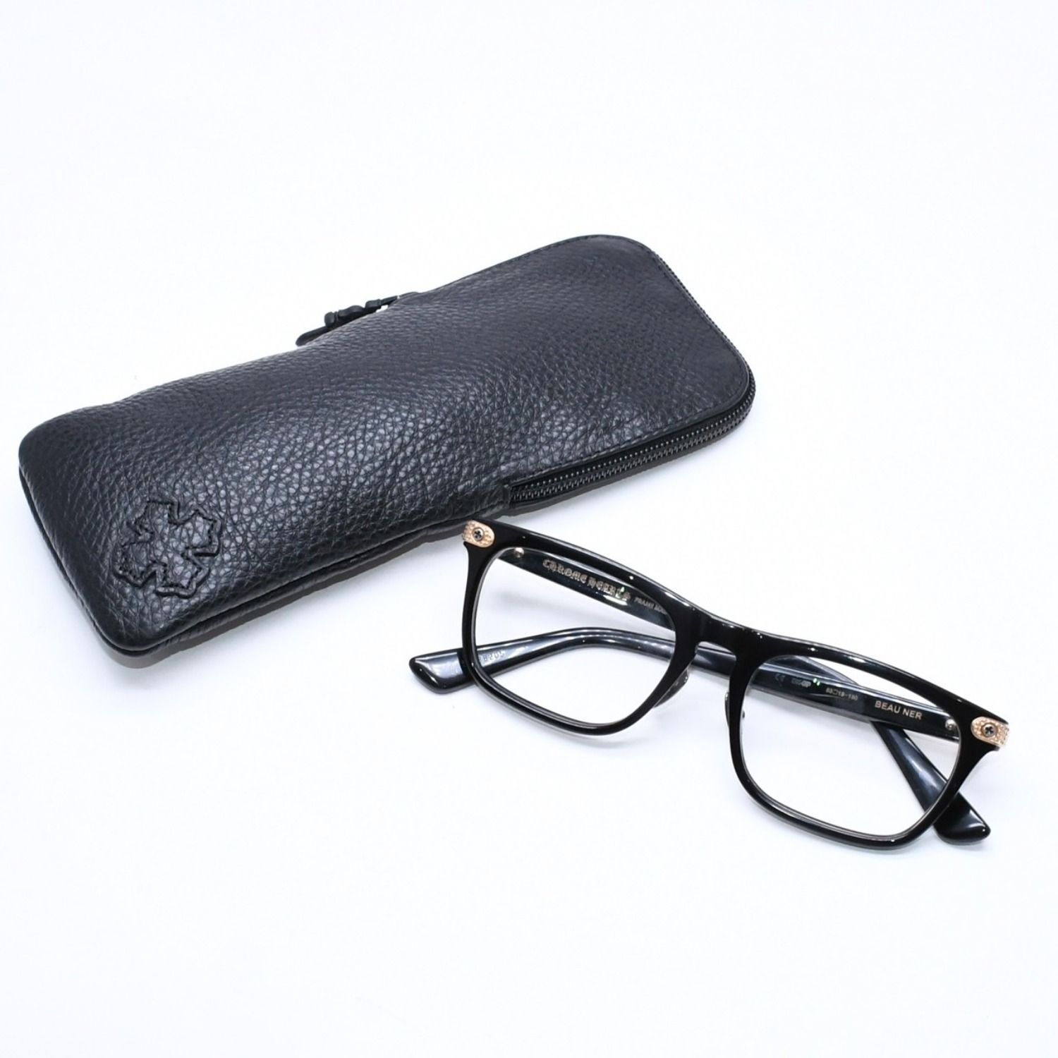 極美品 CHROME HEARTS クロムハーツ BEAU NER 眼鏡 メガネ ウェリントン型 サイズ53◻︎19 150 ブラック ゴールド 中古 4a006676
