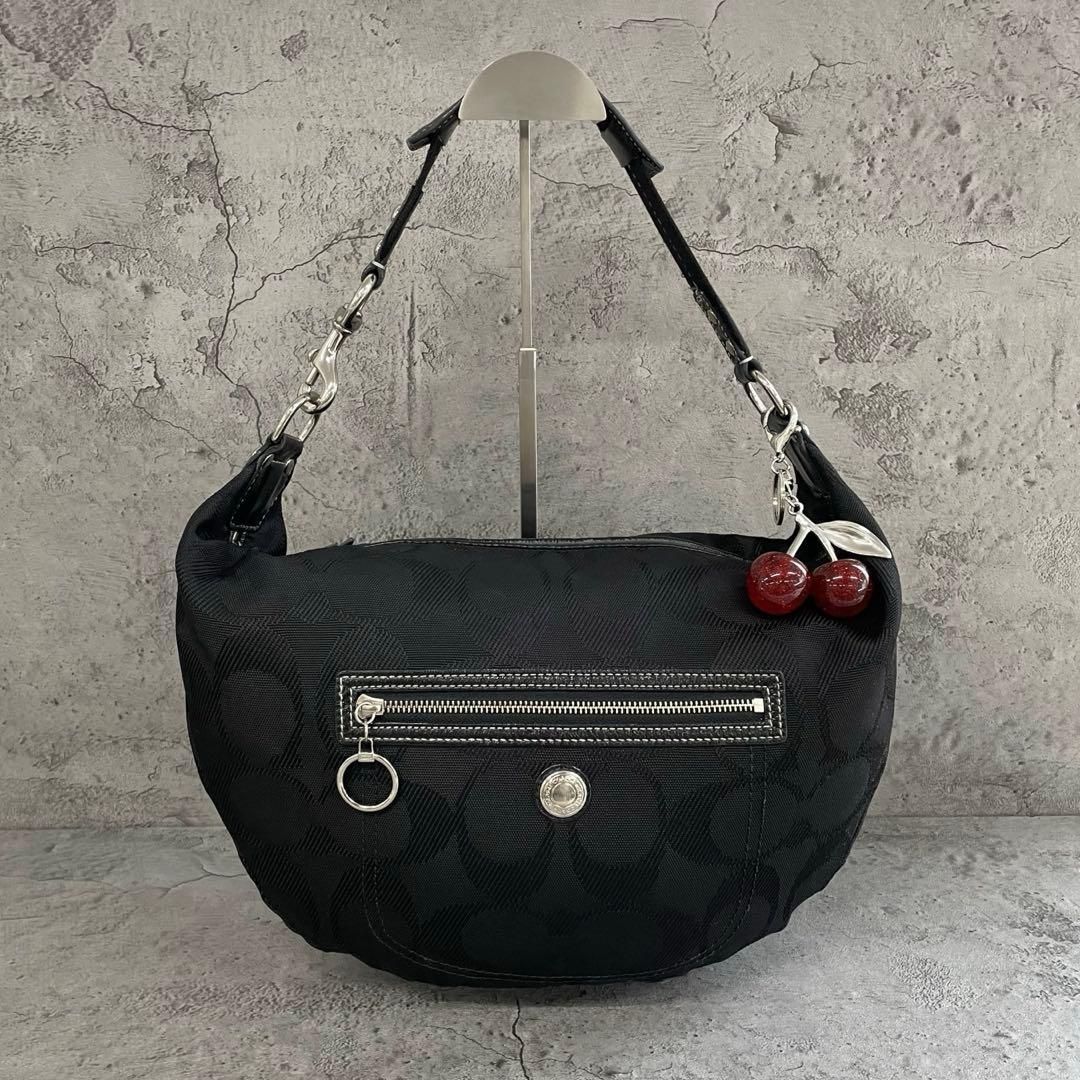 美品　COACH Y2K Signature Black Shoulder Bag　 コーチ ワンショルダーバッグ シグネチャー ボタン ナイロン レザー 黒 ブラック