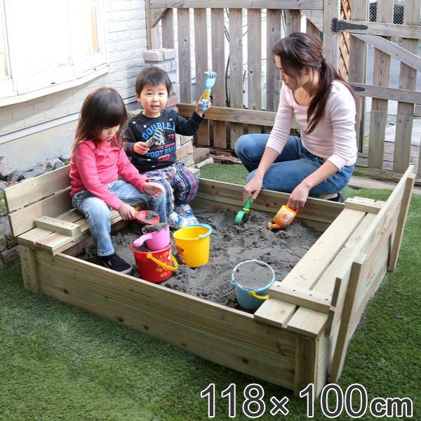 砂場 フタ付 開閉式 118×100cm 木製砂場 （ 蓋付き ふた付き 砂遊び 砂場遊び 子供 自宅用 家庭用 庭 屋外 遊具 砂場ベンチ 砂あそび 外遊び 猫除け ）