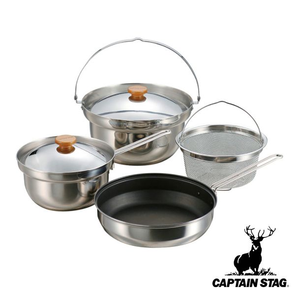 アウトドア 調理器具 ステンレスクッカー セット マルチ キャプテンスタッグ CAPTAIN STAG （ フライパン 鍋 両手鍋 蓋 ざる ステンレス セット 22cm 18cm 収納袋付き 日本製 キャンプ バーベキュー ）