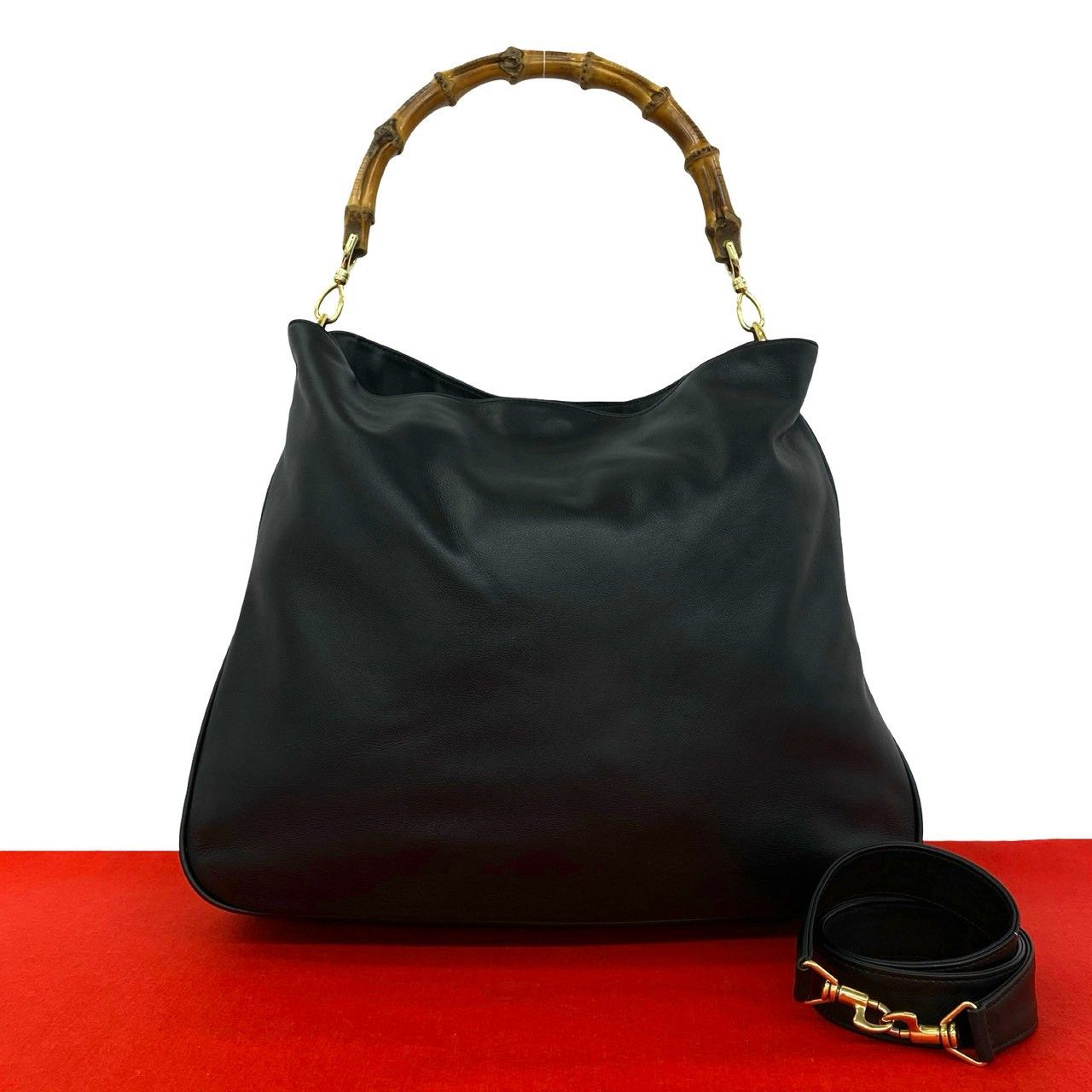 極 美品 GUCCI グッチ オールドグッチ バンブー レザー 本革 2way ショルダーバッグ トートバッグ ハンドバッグ ブラック 黒 73816