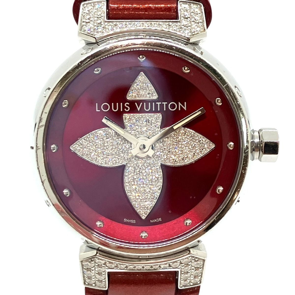 ルイ・ヴィトン LOUIS VUITTON タンブールフォーエヴァー ラグダイヤ 腕時計 総重量約36.5g SS 本革 ダイヤモンド クオーツ レッド文字盤 Q121L レディース 108,900円