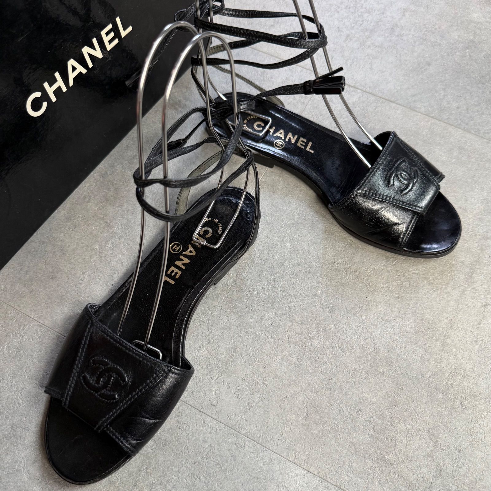 CHANEL シャネル ココマーク レザー サンダル レースアップ ブラック 37 レディースシューズ 24cm