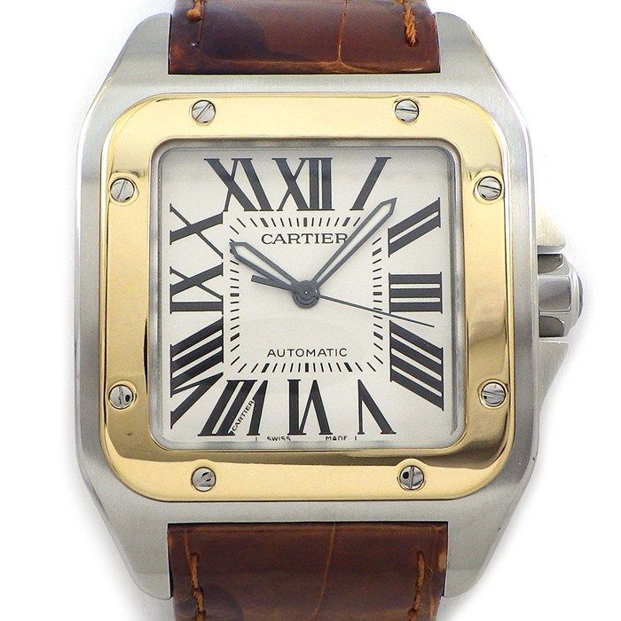 カルティエ Cartier 腕時計 サントス100 LM W20072X7 スクエア ホワイト文字盤 ローマンインデックス 夜光針 アリゲーターレザーベルト SS K18YG 自動巻き 【中古】