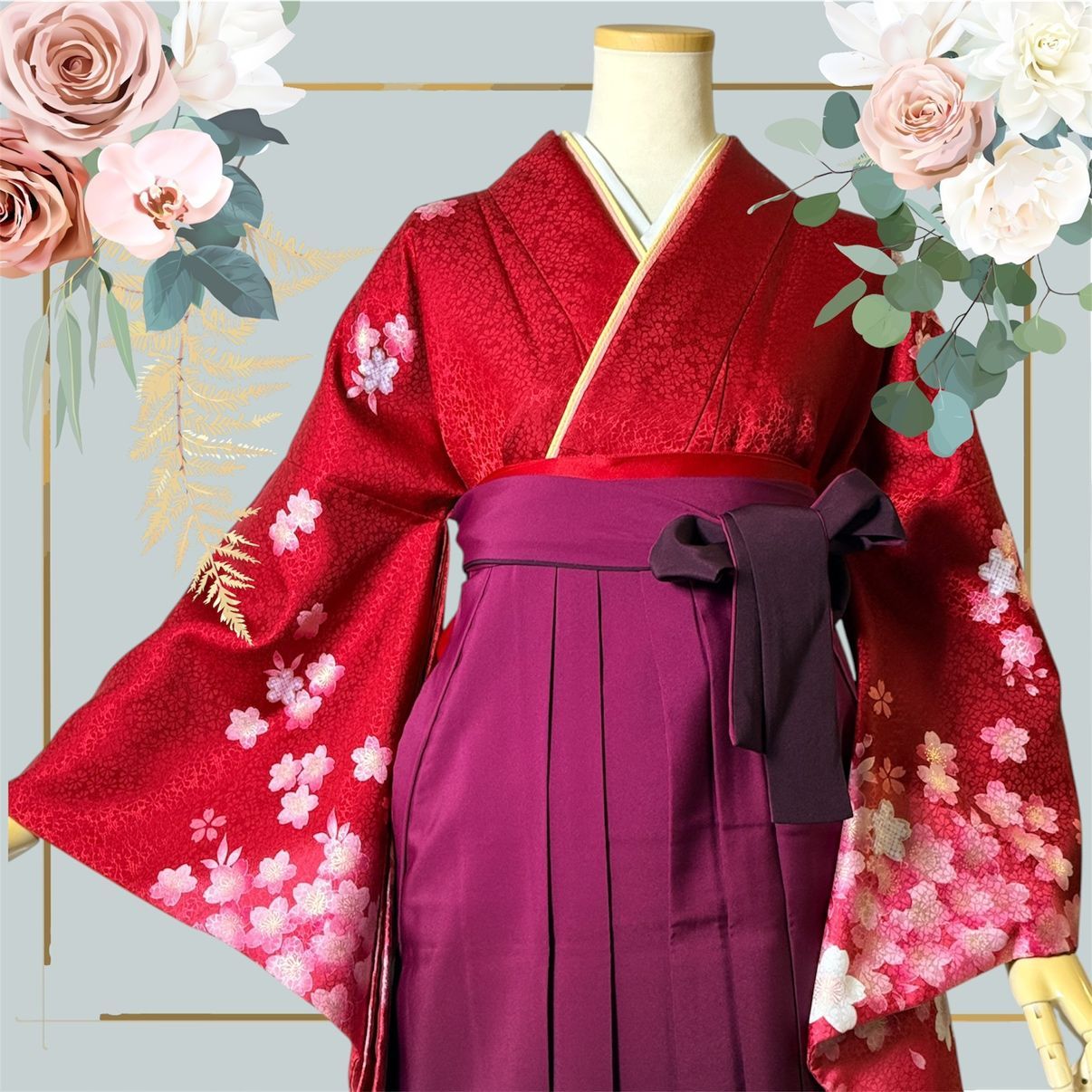 【着物・袴・帯 3点セット】【美品】レディース袴セット 成人式・卒業式に 華やか和装 赤 エンジ 紫 古典柄 花柄 桜 地紋 95-74