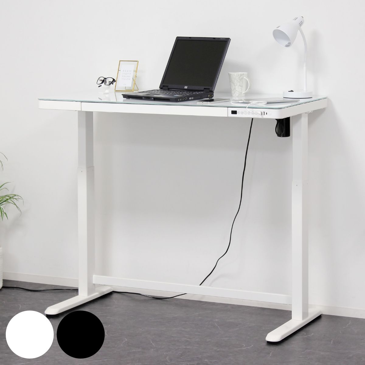 電動昇降式デスク 幅120cm メモリー機能付 ガラス天板 引き出し （ 電動 デスク 机 ワークデスク パソコンデスク スタンディングデスク 高さ調節 衝突防止 USBポート 充電 シンプル 白 ホワイト ブラック 高さ72～121cm ） 40,612円