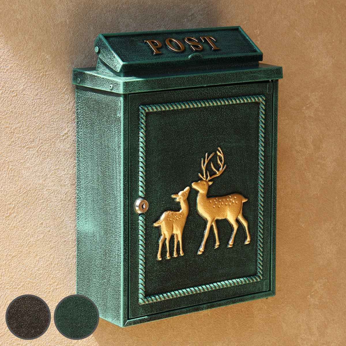 ポスト 壁掛け Deer （ 郵便ポスト 郵便 郵便受け デザインポスト 壁掛けポスト 鍵付き 鋳物 新聞受け メールボックス スリム 縦型 鍵 一戸建て 屋外 玄関 壁 本体 A4 角2 鉄 鹿 おしゃれ ）