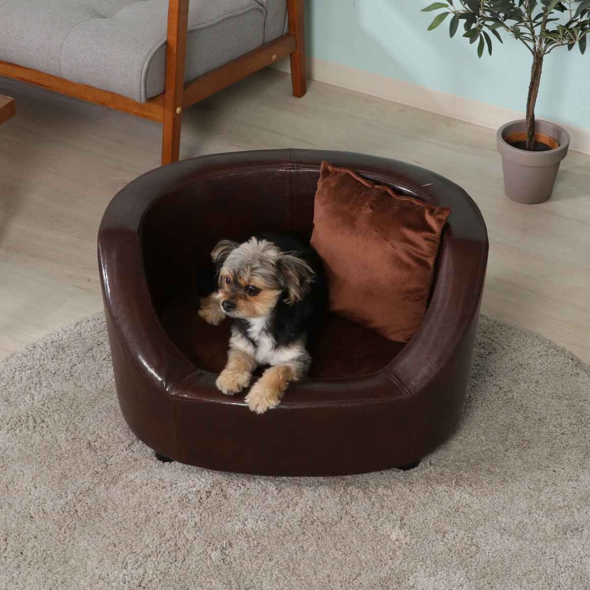 ペットソファ 幅66.5cm レザー調 クッション カバー ( ペットベッド 犬 猫 ペット家具 ペット用 ベッド ソファー おしゃれ ヴィンテージ調 ベロア調 小型犬 中型犬 ブラウン 完成品 )