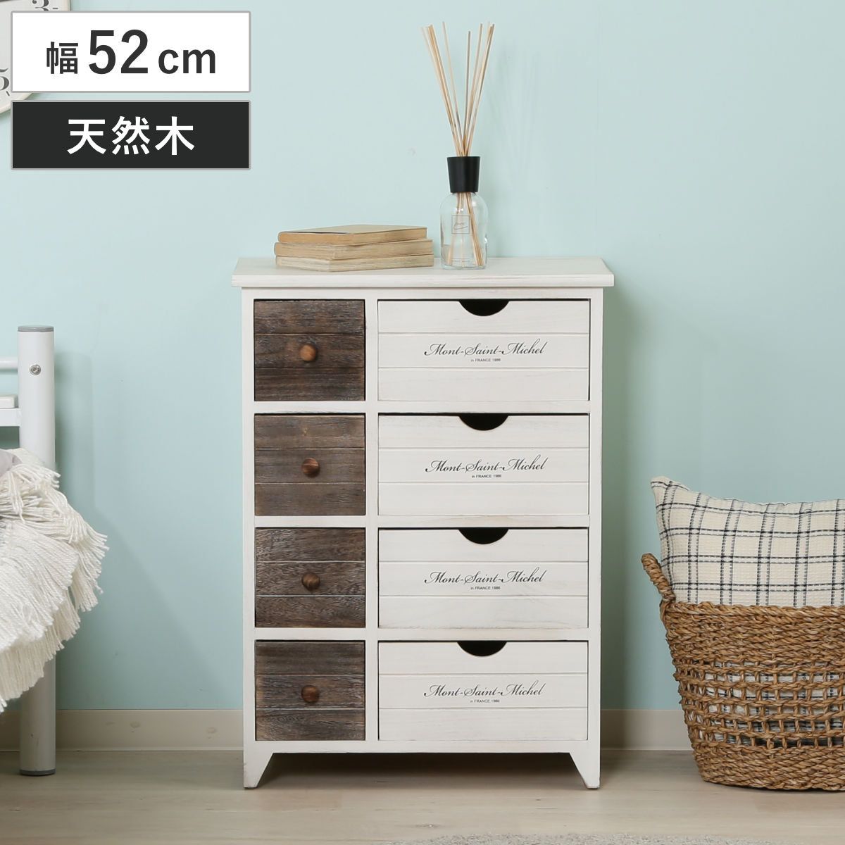 チェスト 幅52cm 2列4段 アンティーク調 ( 収納 棚 キャビネット タンス 桐 完成品 リビング収納 家具 引き出し 防カビ 防虫 ホワイトウォッシュ おしゃれ )