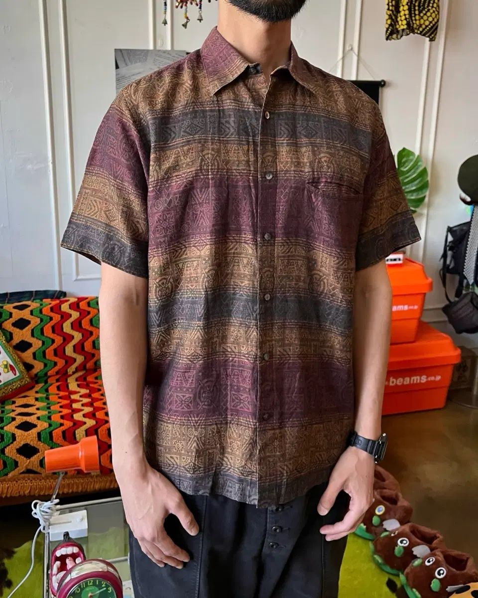 90s-00s Pierre Balmain ピエール バルマン ヴィンテージ エスニック パータン リネン 半袖 シャツ