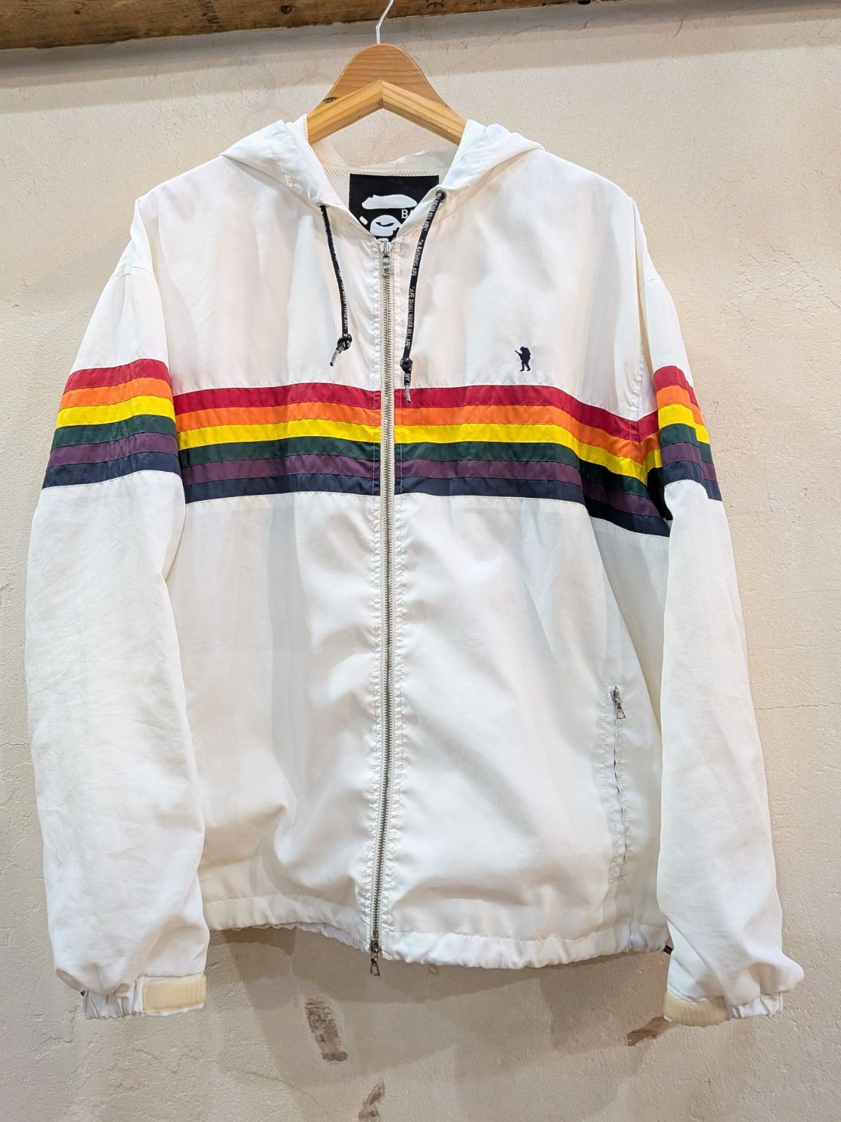 90s' A BATHING APE/アベイシングエイプ レインボーライン ボーダー ナイロンジャケット フーディー ホワイト Lサイズ メンズ USED