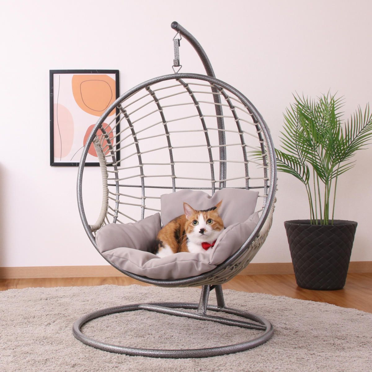ペットベッド ハンギングチェア ペット用 半円型 吊り下げ ラタン調 猫 （ ペット ベッド 吊り下げ式 猫用 ねこ家具 キャットハウス ペット用ハンギングチェア ペットチェア クッション付 おしゃれ かわいい ）