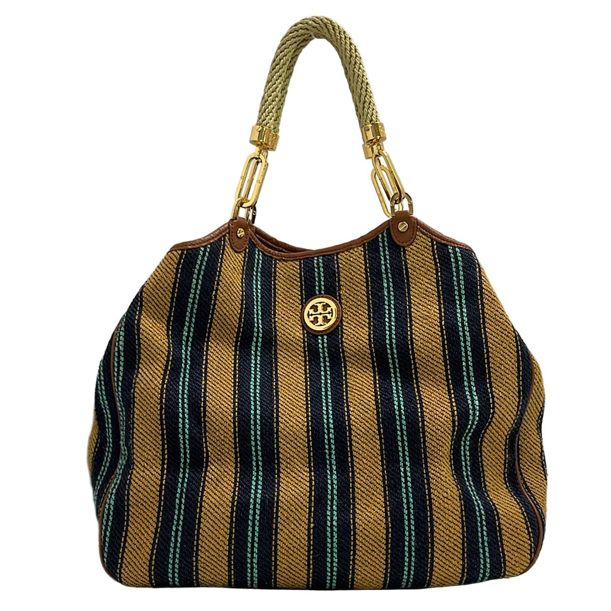 TORY BURCH(トリーバーチ) トートバッグ美品 - ブラウン×ネイビー×ライトブルー ストライプ リネン