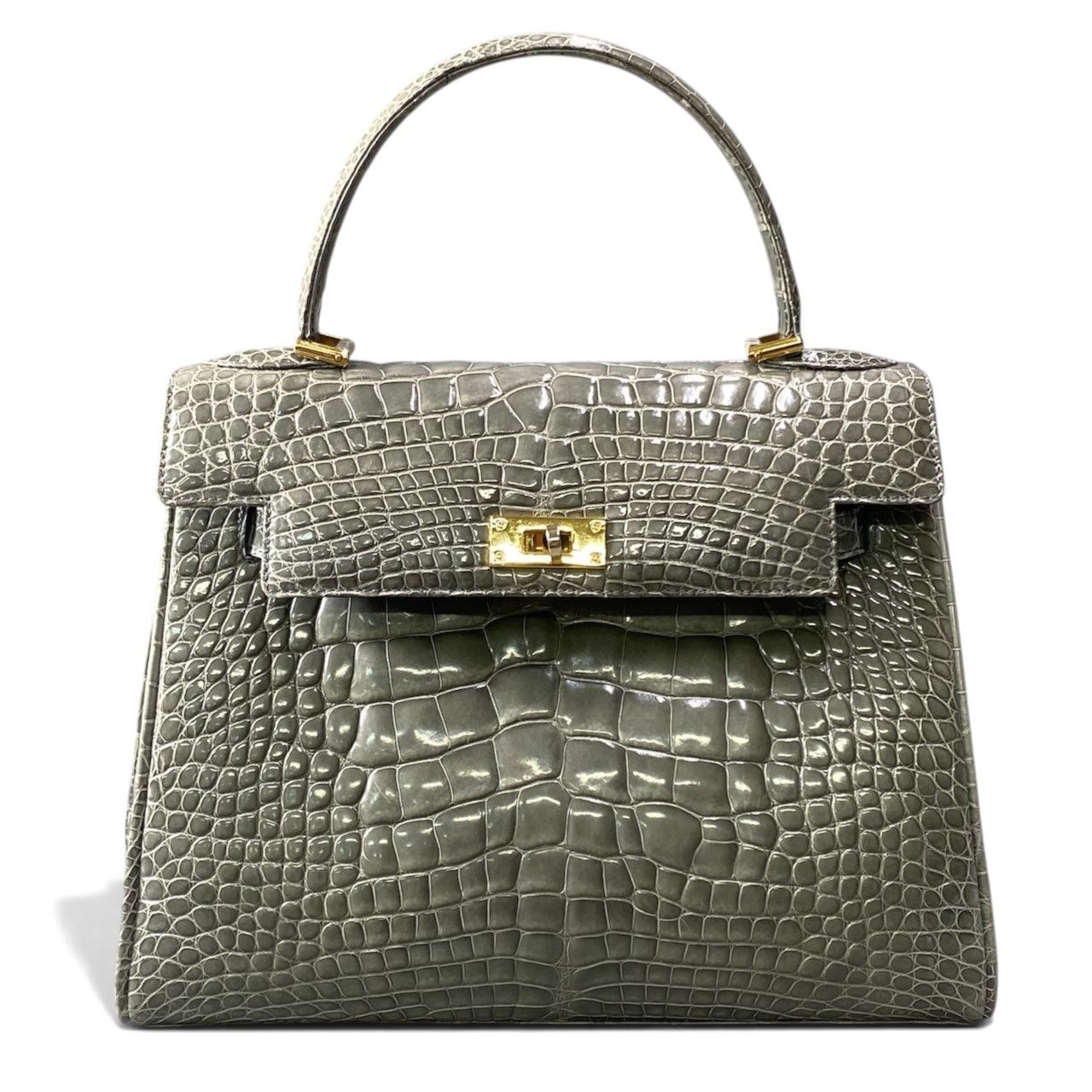 Ch21 GENUINE CROCODILE SKIN ワニ革 クロコダイル ハンドバッグ グレー レザー レディース 女性用k02i