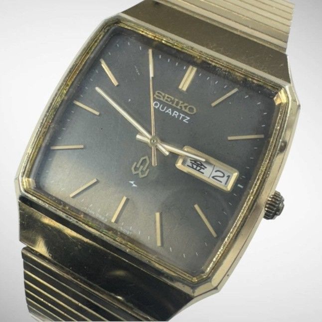 [Working Product/Brand New Battery Replaced] SEIKO 0843-5010 Square Watch, Black Dial, Gold